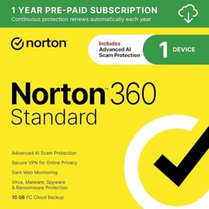 Norton 360 Standard 2026 Ready, Antivirus software for 1 Device with Auto-Renewal – Includes Advanced AI Scam Protection, VPN, Dark Web Monitoring & PC Cloud Backup [Download]